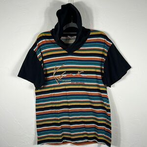 🔥🔥 Vintage 90s Karl KANI Jeans Striped Hoodie SS Shirt Men Sz XL (fits Lg) - E